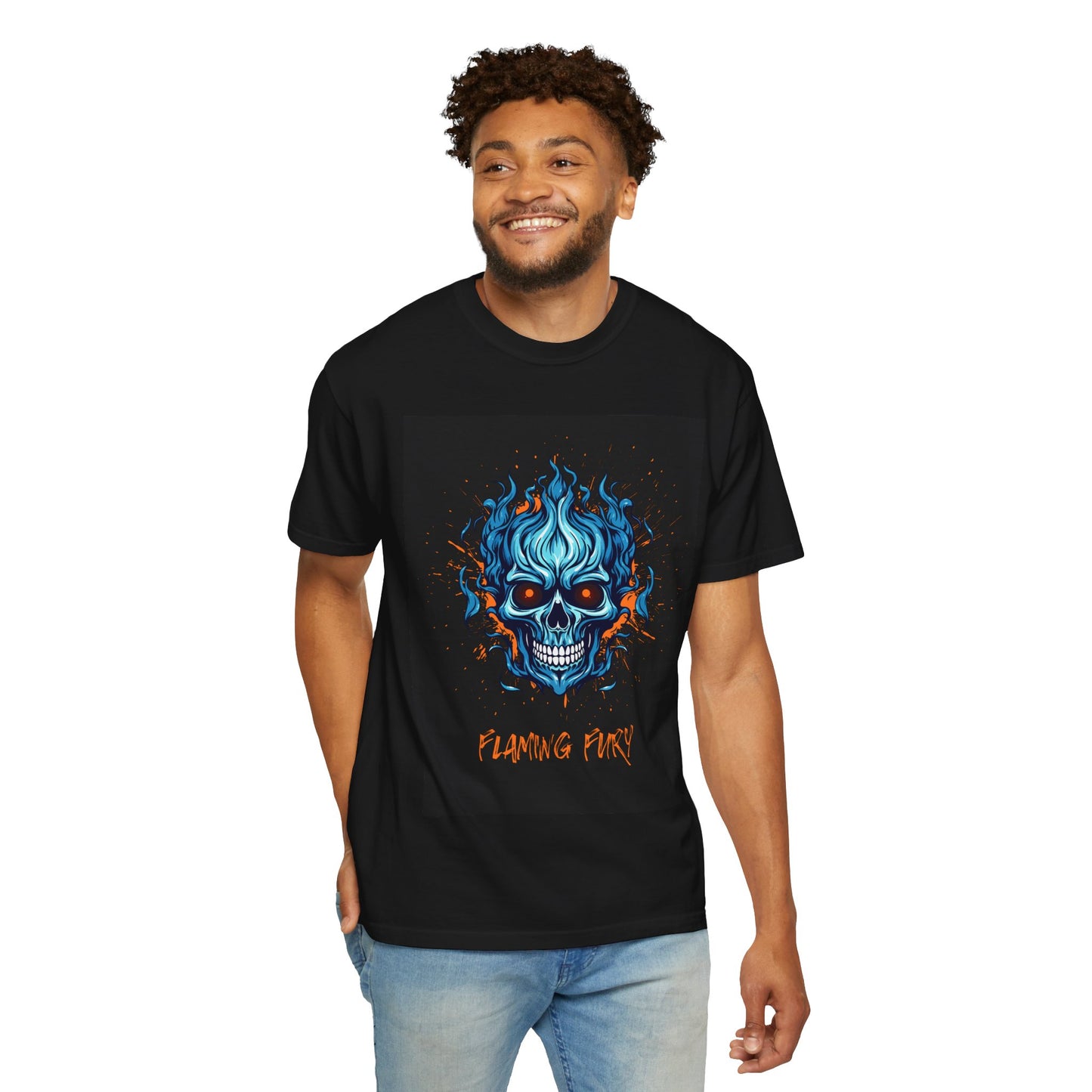 Flaming Fury Unisex Garment-Dyed T-Shirt - Bold Skull Design