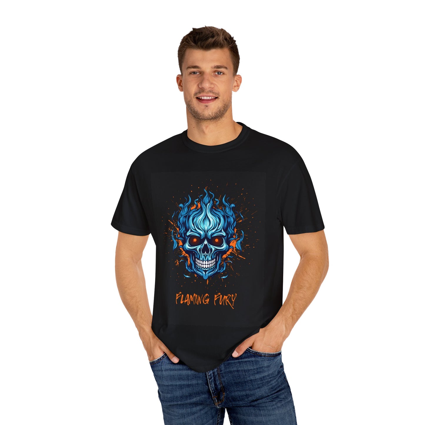 Flaming Fury Unisex Garment-Dyed T-Shirt - Bold Skull Design